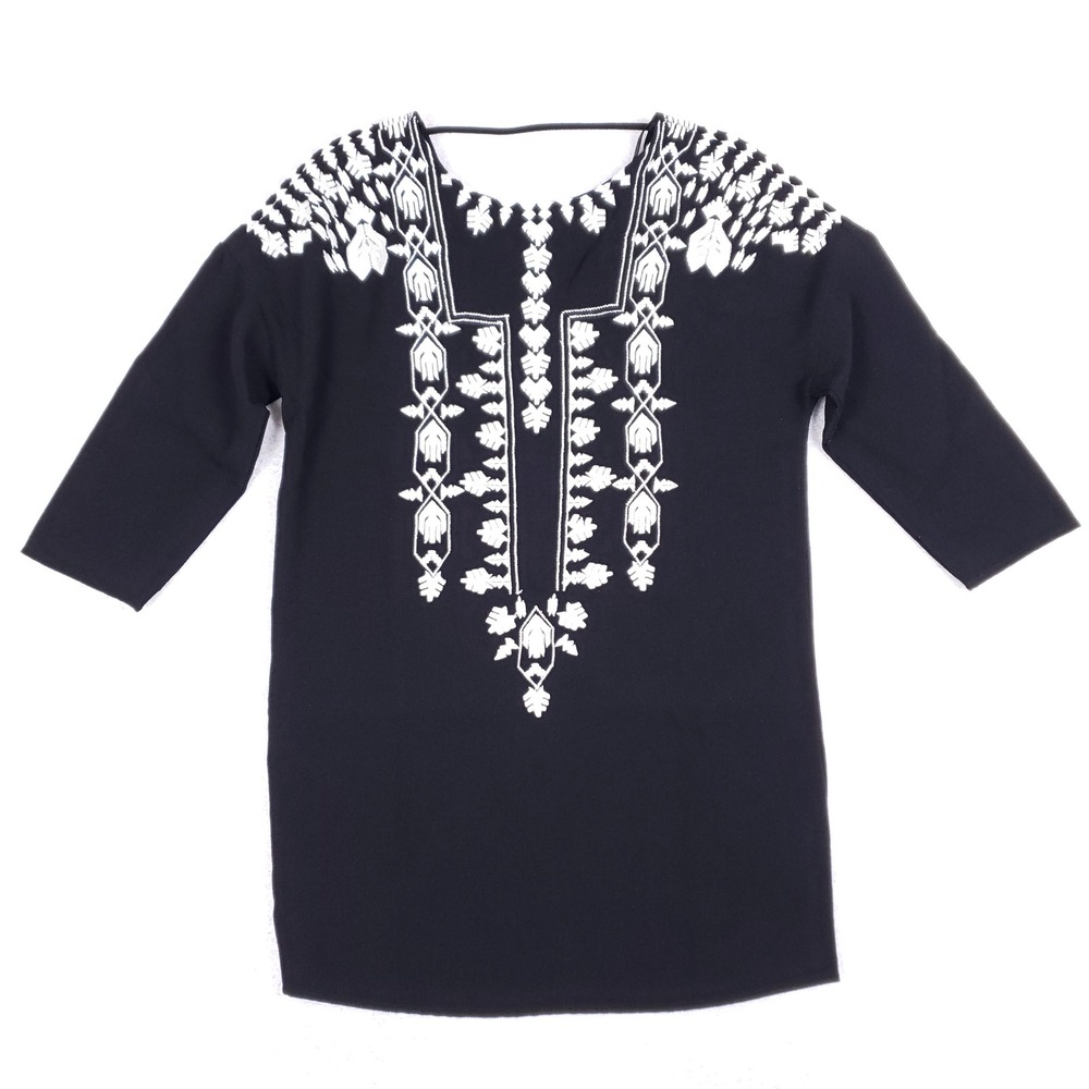 Zara Black White Embroidered Geometric Shift Mini Dress 3/4 Sleeve Boho Tunic